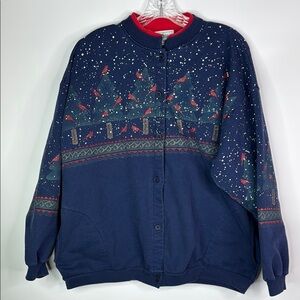 Vintage Artisans Blue Button Cardinal Bird Cardigan Sweatshirt XXL